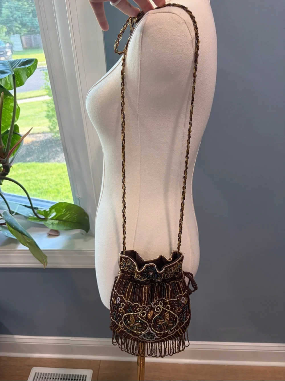 Vintage Hand Beaded Drawstring Purse Brown Fringe Evening Bag Boho
